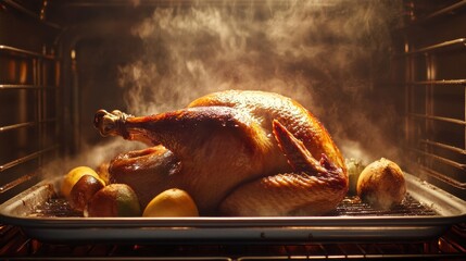 A delicious roast turkey being cooked in an oven, emitting steam and a flavorful aroma.