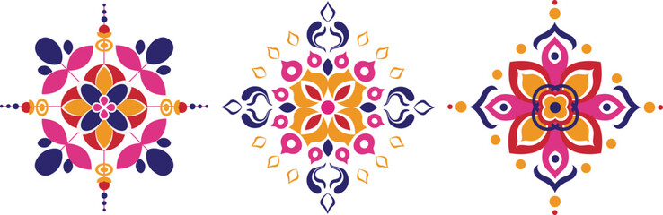 set colorful kaleidoscope rangoli vector designs for diwali, vibrant indian motifs in pink blue yellow, isolated festive ornaments white background