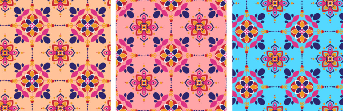 set of colorful indian seamless vector patterns for diwali, vibrant floral and geometric textile designs,  ethnic motifs on peach  pink  blue backgrounds
