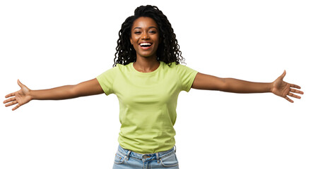 Joyful young woman with curly hair embracing life, standing outdoors with arms wide open, bright atmosphere, cheerful vibe