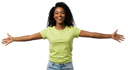 Joyful young woman with curly hair embracing life, standing outdoors with arms wide open, bright atmosphere, cheerful vibe