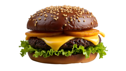Juicy cheeseburger with grilled pineapple, fresh lettuce, and sesame seed bun, set against a clean, neutral background