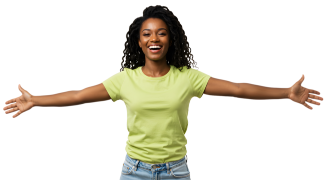 Joyful young woman with curly hair embracing life, standing outdoors with arms wide open, bright atmosphere, cheerful vibe