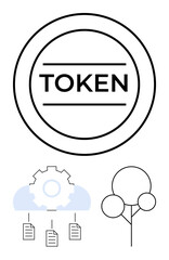 Circular digital token design paired with gear in cloud, connected document structure, and tree. Ideal for technology, blockchain, cloud storage, data sharing, innovation, eco-technology flat simple