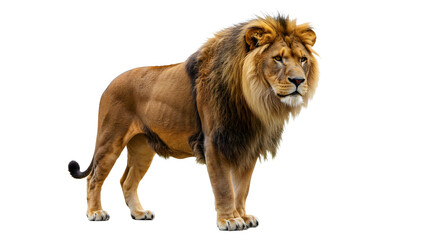 Obraz premium Majestic lion standing proudly against a transparent background, showcasing its powerful presence and vibrant mane