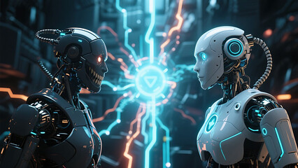 two advanced robots face each other, representing artificial intelligence concepts, abstract futuristic background with futuristic space