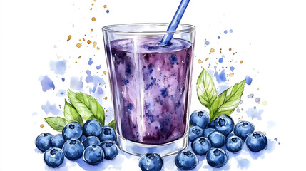 Watercolor illustration of non-alcoholic drinks on white background. Watercolor Illustration of Blueberry Juice.