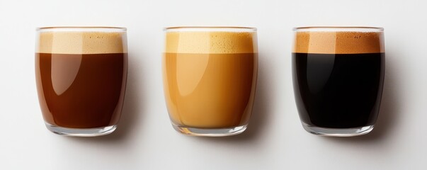 Three glasses of coffee with different shades and crema sit side by side on a white surface.
