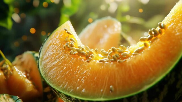 Close-up shot of a juicy slice of melon with smooth skin and vibrant color