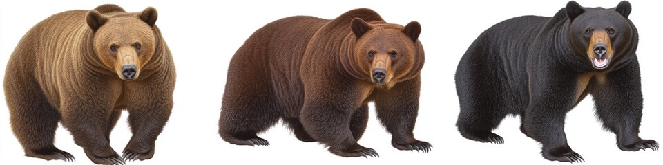 Fototapeta premium Three bears, brown, dark brown, and black, displayed in a row