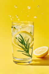 Fototapeta premium Refreshing rosemary lemonade with lemon slices and splashing water on yellow background