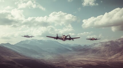 Fototapeta na wymiar Vintage military aircraft soaring above a mountainous landscape.