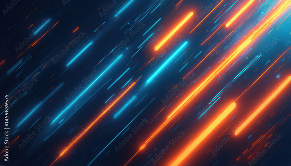 Poster abstract illustration featuring dynamic lines of blue and orange light against dark background. geom