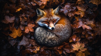 Obraz premium Red fox curled asleep in autumn leaves.
