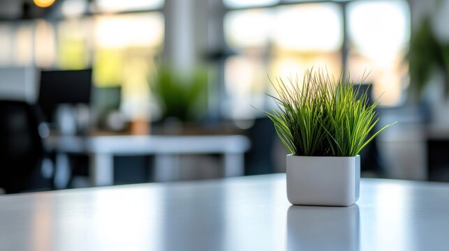 Modern Office Decor: A Small Plant in a White Pot on a Desk