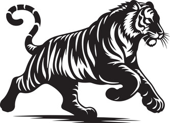 Black and white silhouette of a tiger walking with its tail curled