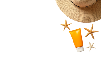 Summer beach scene featuring a sun hat, sunscreen, and starfish arranged on a sandy background, evoking relaxation and vacation vibes
