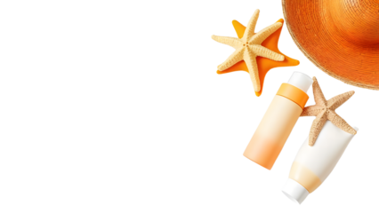 Summer beach scene featuring sun care products, a straw hat, and starfish, evoking relaxation and vacation vibes