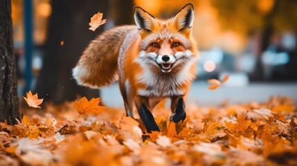 Naklejka premium Red fox running through autumn leaves. (1)