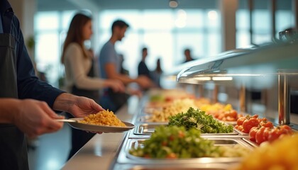 Office canteen lunch time. Diverse people select lunch from buffet. Food selection, hot meals, healthy salads, vegetables. Business lunch, co-workers casual eating, relaxing from work. Staff, pro