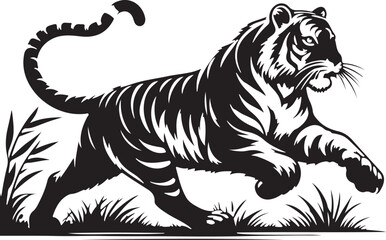 Black and white silhouette of a tiger walking with its tail curled