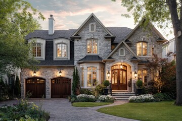 Obraz premium Grand stone house at dusk. Warm lighting illuminates the beautiful entryway and landscaping.