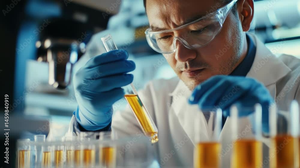 Poster a scientist in a lab coat and goggles holding a test tube, likely conducting an experiment