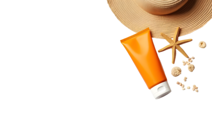 Vibrant orange sunscreen tube placed on a straw hat surrounded by seashells and starfish, evoking a beach vacation atmosphere