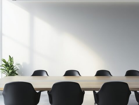 A minimalist boardroom setting a smooth wooden table stylish black chairs, designed a bright, clean, neutral-toned aesthetic, illuminated by sleek