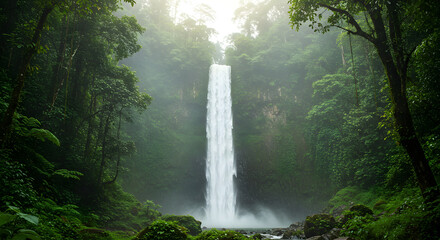 Lush Green Tropical Waterfall in Forest Mist