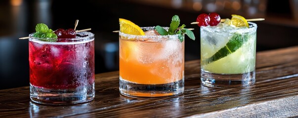 Three colorful cocktails garnished with fruit and herbs are displayed on a wooden bar.