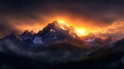 A tranquil mountain sunset with the sun dipping behind snow-capped peaks, casting a warm golden glow across the valley below.