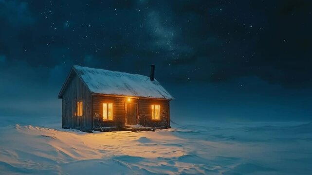 A small, remote Arctic cabin glows warmly under a starry night sky. Powered by a micro-reactor, isolated outpost stands alone in a snowy landscape, offering shelter and modern energy in extreme cold