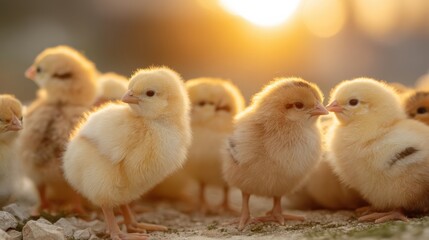 Small fluffy chicks are clustered together under the warm glow of a beautiful sunrise on a farm. The soft light highlights their delicate feathers, creating a serene atmosphere