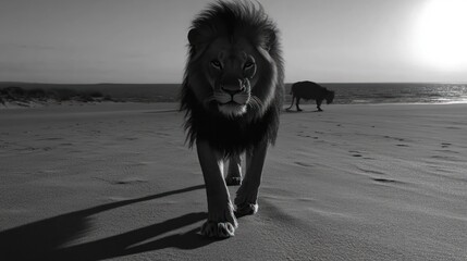 Majestic lion walking on beach, another animal in background.