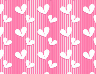 Patrón infinito de corazones blancos con fondo rosa y lineas blancas.