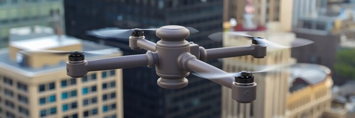 Drone shaped like a judge's gavel flying over city blocks for regulatory surveillance &ndash; Great for tech, law enforcement, or urban monitoring concepts.