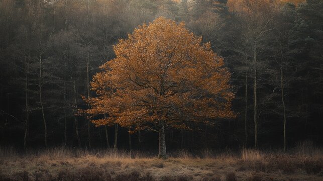 Solitary autumn tree in a dark forest.