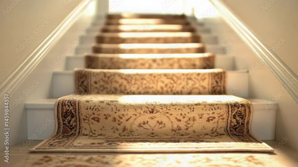 Poster a set of stairs with a carpeted runner, suitable for interior design or architectural use