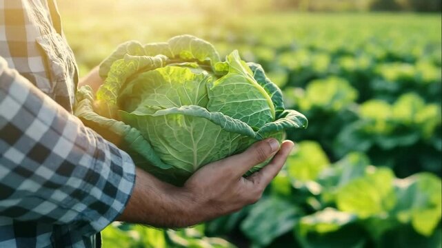 Freshly harvested cabbage head in the farmer's hands, farm field background with copy space