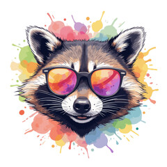 Raccoon wearing sunglasses with a cheerful expression on a transparent background, vector illustration