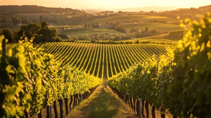 Sunset over vineyard rows in Tuscany.