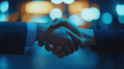 Close Up of Two Men Shaking Hands at Night with City Lights Blurred in Background
