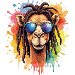 Camel with dreadlocks and sunglasses on a transparent background, vector illustration
