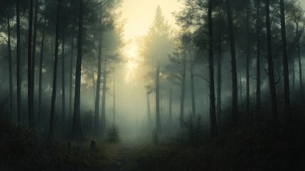 Fototapeta premium Misty forest path at sunrise.