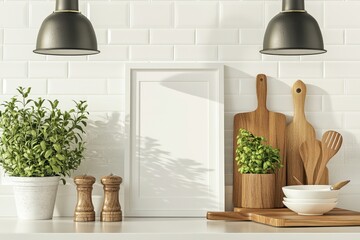 A clean, bright kitchen scene with a blank frame