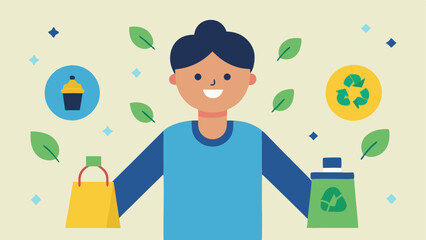 Shopper with Bags A smiling shopper holds colorful reusable bags surrounded by small icons of recycling arrows plants and water droplets.