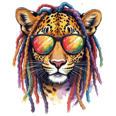 Leopard with dreadlocks and sunglasses on a transparent background, vector illustration
