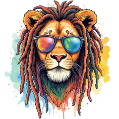 Vector illustration of a lion with dreadlocks and sunglasses on a transparent background
