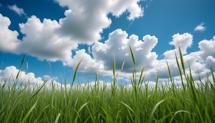 Obraz premium A breathtaking view of a lush green field under a stunning blue sky filled with fluffy clouds.